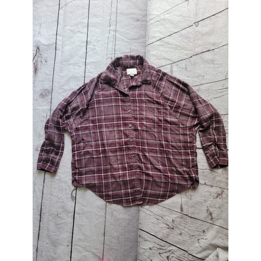 American Eagle Women’s Flannel Shirt Oversized Fit Size XSmall Burgundy Plaid